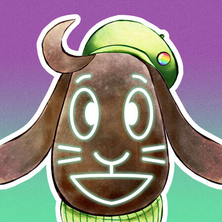 A self portal image of artist Nohkara. A gray dog wearing green hat with rainbow pride badge and green shirt.